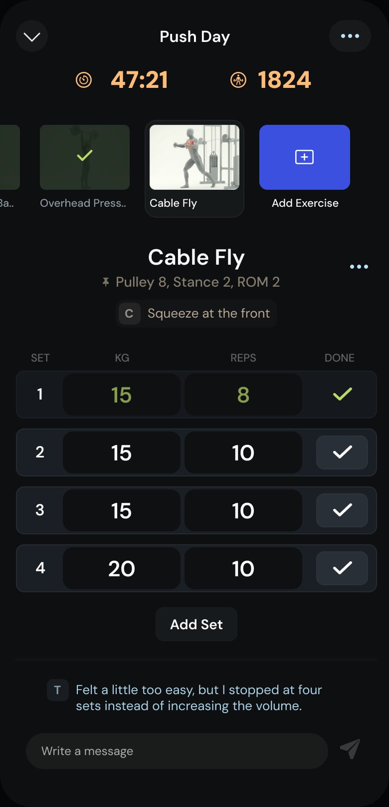 Set-by-set logging in the REP athlete app during a push day