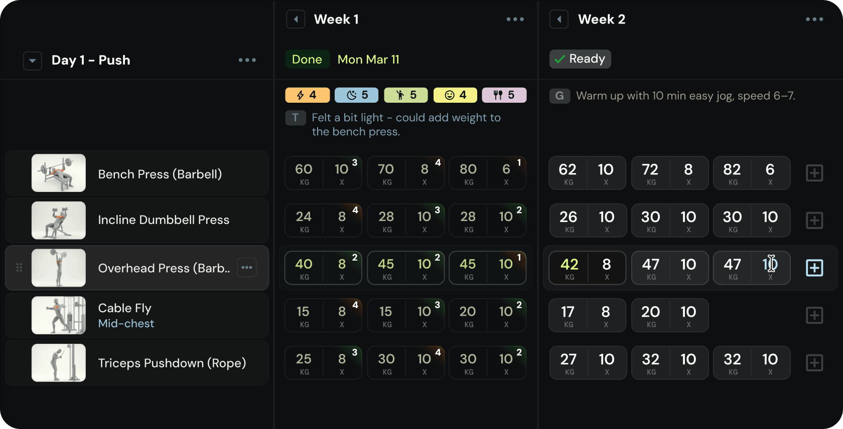 The REP planner showing a push day programmed across two training weeks