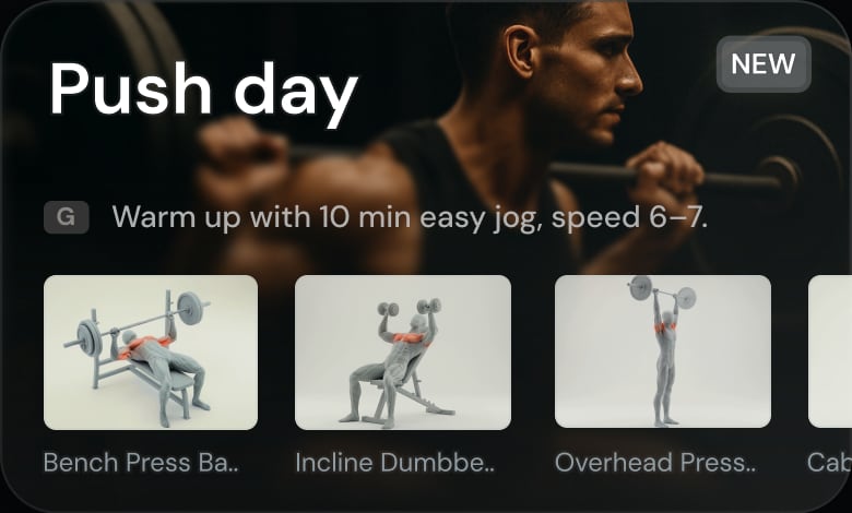 An athlete's push day card in the REP app with the exercise line-up